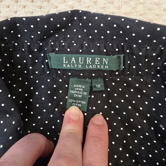 Lauren Ralph Lauren Womens 1x Button Up Shirt Long Sleeve Polka Dot Black White - Picture 2 of 7